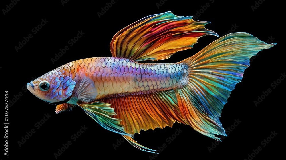 Siamese fighting fish with rainbow-colored scales, captured mid-motion, close-up Siamese fighting fish with rainbow-colored scales, captured mid-motion, close-up