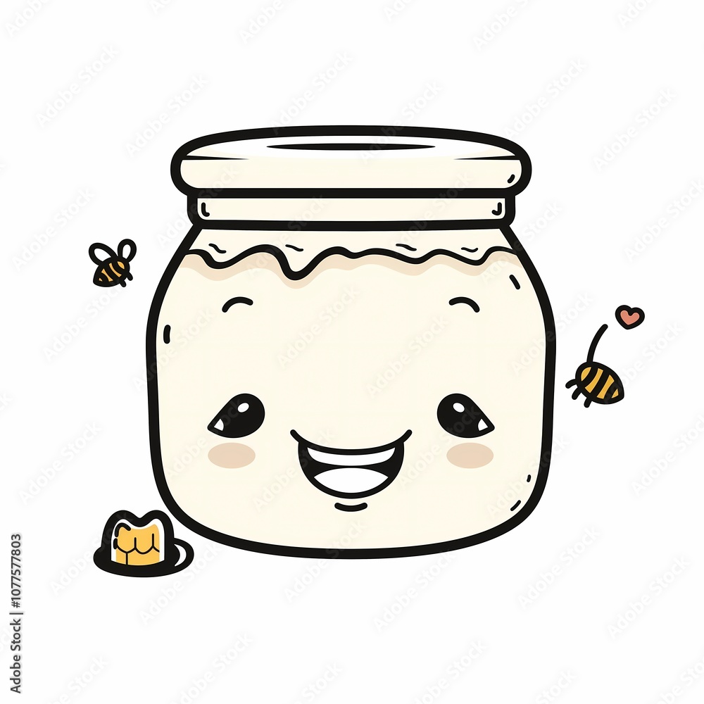 Cute Kawaii Honey Jar Illustration with Happy Bees and Whimsical Design on White Background Cute Kawaii Honey Jar Illustration with Happy Bees and Whimsical Design on White Background
