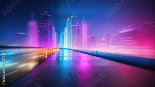 A cityscape with neon lights and a blurry background. Scene is energetic and futuristic