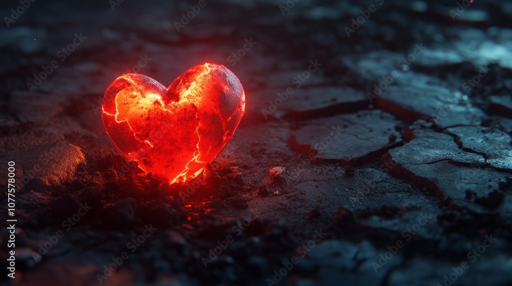 Fiery red heart emerging from a dark, cracked ground, representing passion. generative ai Fiery red heart emerging from a dark, cracked ground, representing passion. generative ai