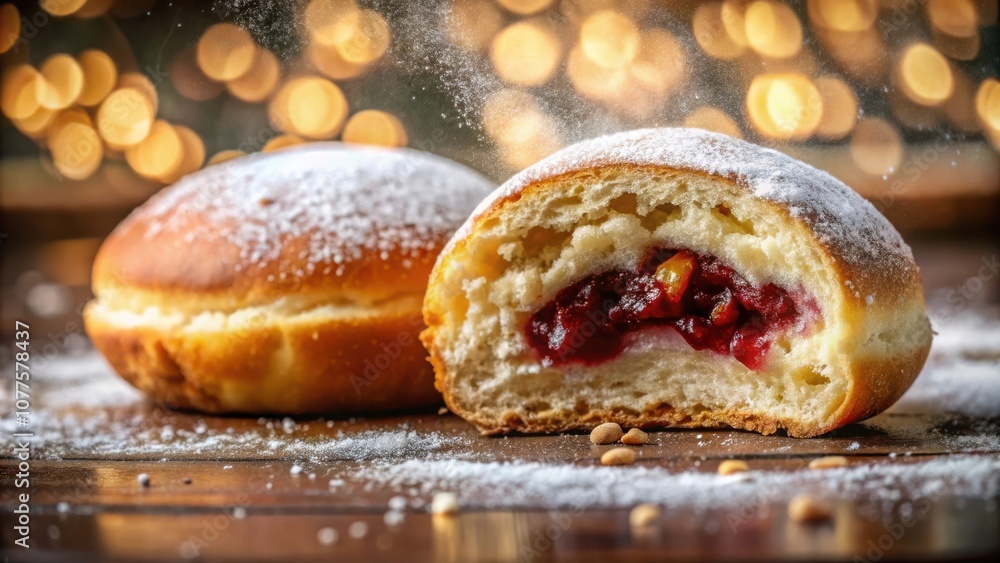 A Close-up of a Deliciously Decadent Doughnut with a Luscious Cherry Filling, Covered in Powdered Sugar, with a Soft, Warm, Golden-Brown Crust, Against a Background of Glowing Lights A Close-up of a Deliciously Decadent Doughnut with a Luscious Cherry Filling, Covered in Powdered Sugar, with a Soft, Warm, Golden-Brown Crust, Against a Background of Glowing Lights