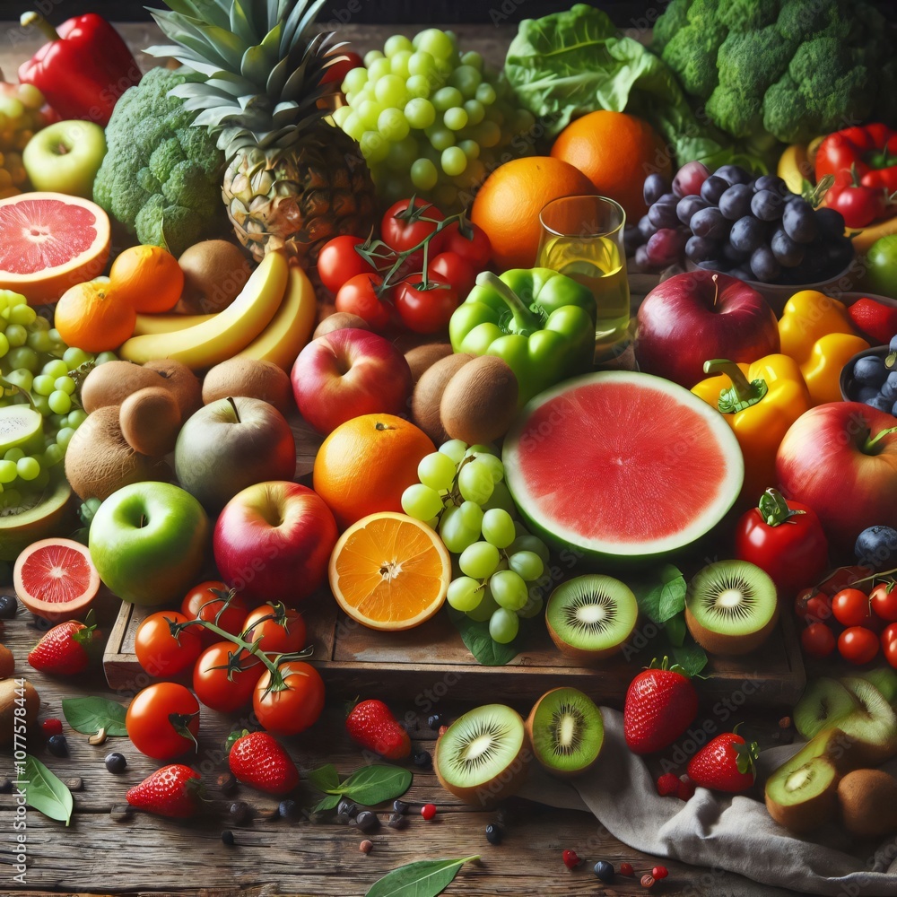 Fresh fruits and vegetables arranged on a rustic wooden table Fresh fruits and vegetables arranged on a rustic wooden table