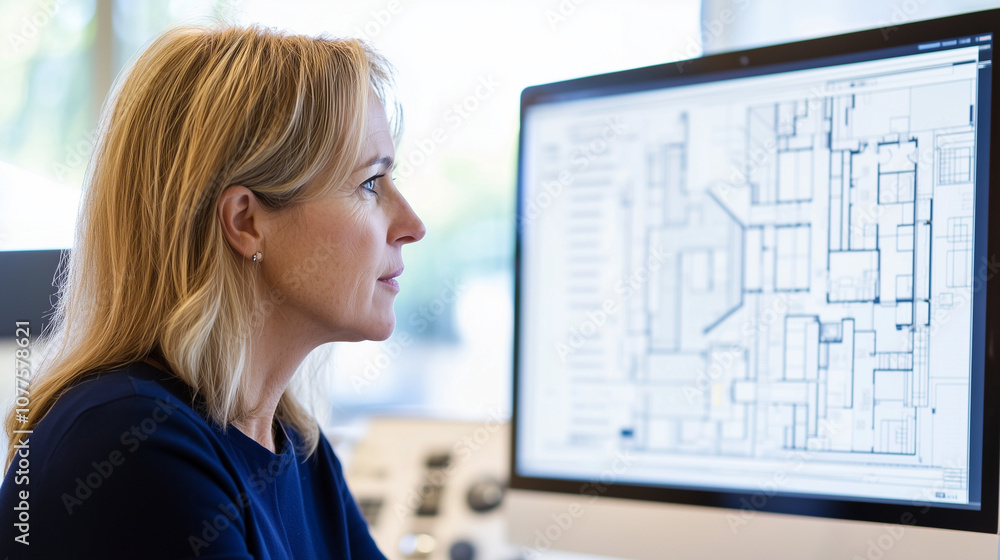 Architect Reviewing Digital Blueprints in Modern Office Setting Architect Reviewing Digital Blueprints in Modern Office Setting
