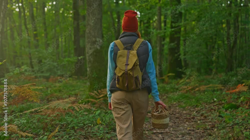 A woman with a backpack walks through an autumn forest with a basket in search of mushrooms A woman with a backpack walks through an autumn forest with a basket in search of mushrooms