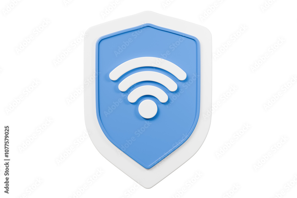 3d Shield with a security protection privacy password secure personal Wi-Fi icon symbol. Wireless network connection. Security protection privacy password secure personal blue shield concept 3d render 3d Shield with a security protection privacy password secure personal Wi-Fi icon symbol. Wireless network connection. Security protection privacy password secure personal blue shield concept 3d render