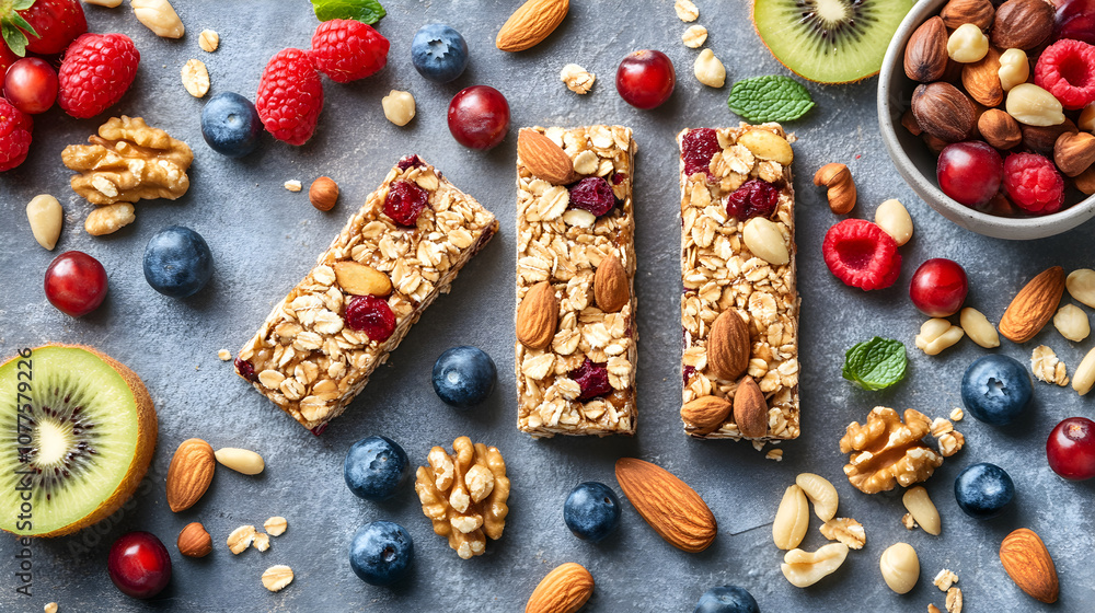 A flat lay of healthy snack options, like nuts, fruit, and homemade energy bars A flat lay of healthy snack options, like nuts, fruit, and homemade energy bars