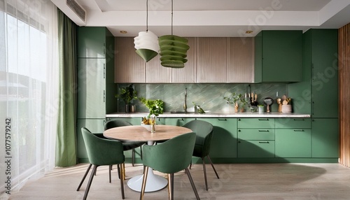 Modern kitchen interior with green cabinets and round dining table. 3D Rendering