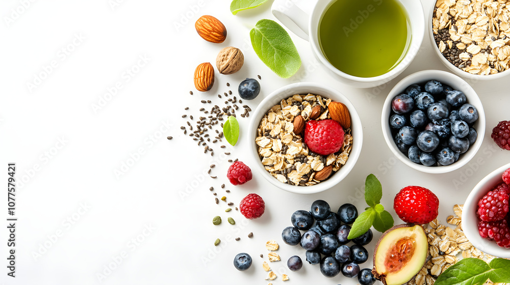 A healthy breakfast spread with oatmeal, nuts, fresh berries, and green tea on a white table A healthy breakfast spread with oatmeal, nuts, fresh berries, and green tea on a white table
