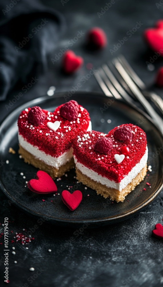 Valentine s day delight two heart shaped cakes elegantly displayed on a decorative plate Valentine s day delight two heart shaped cakes elegantly displayed on a decorative plate