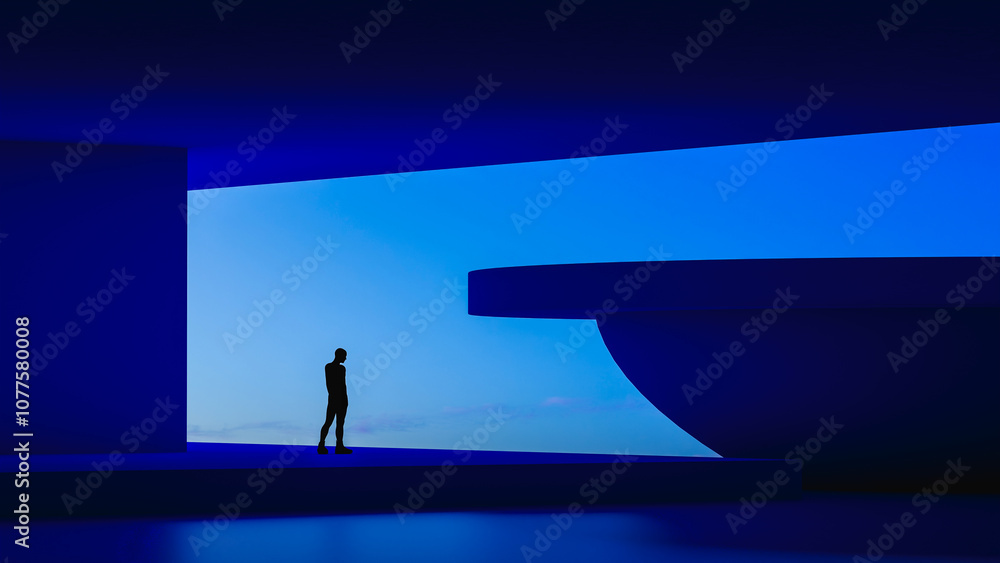 © Marcos Osorio/Stocksy - Silhouette of a man exploring futuristic architecture at twilight