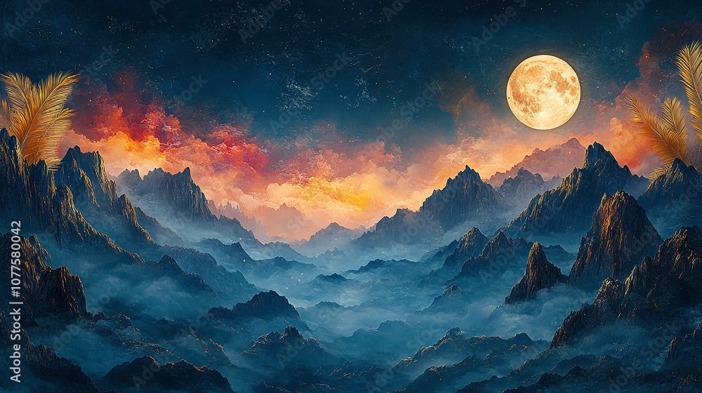 A Full Moon Illuminates a Misty Mountain Range with Golden Palms A Full Moon Illuminates a Misty Mountain Range with Golden Palms