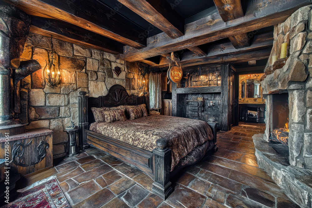 Rustic and cozy medieval-style bedroom with stone walls, wooden beams, and a large dark wood bed, creating a warm and inviting atmosphere with glowing firelight. Rustic and cozy medieval-style bedroom with stone walls, wooden beams, and a large dark wood bed, creating a warm and inviting atmosphere with glowing firelight.