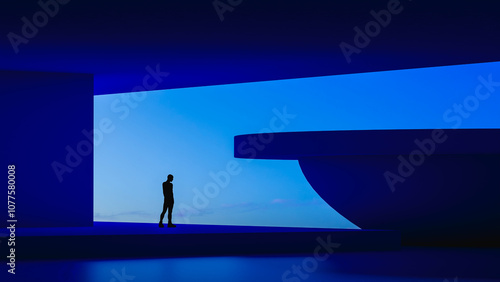 Silhouette of a man exploring futuristic architecture at twilight photo