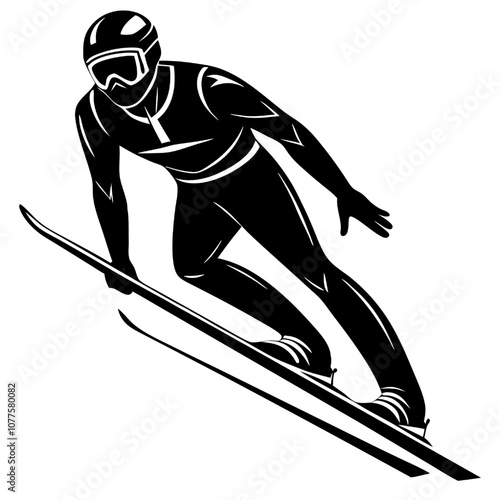 Ski Jumper Silhouette: Dynamic vector illustration of a ski jumper in mid-flight, showcasing power, grace, and the thrill of winter sports.  A bold black and white design perfect for branding.