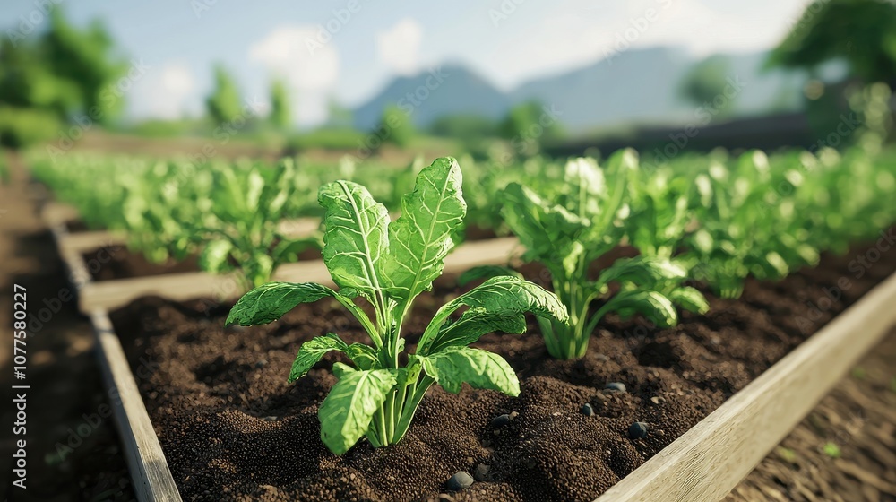 A lush garden scene featuring rows of vibrant green plants growing in rich soil, set against a backdrop of hills and a clear blue sky. A lush garden scene featuring rows of vibrant green plants growing in rich soil, set against a backdrop of hills and a clear blue sky.