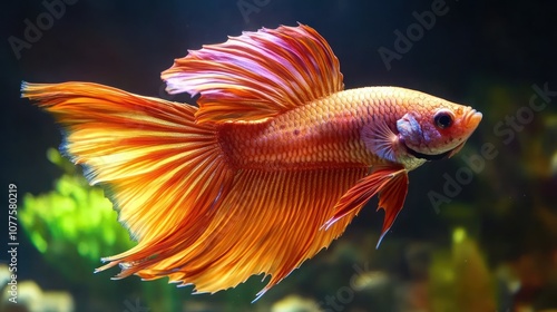 Siamese fighting fish with orange and pink fins, in motion, dark background 