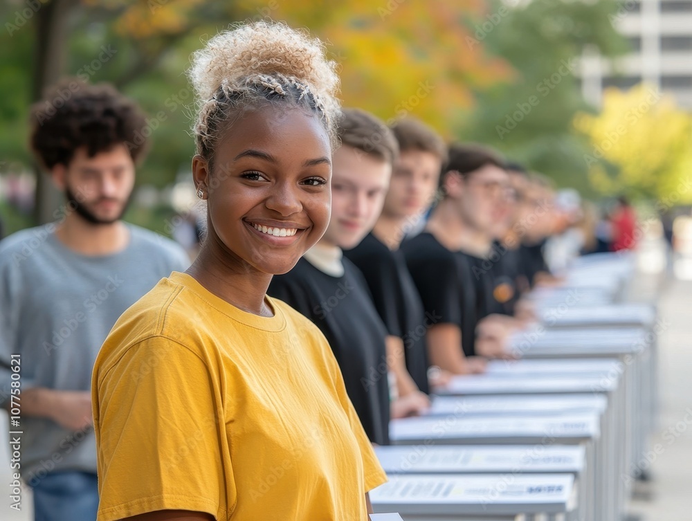 Fototapeta premium A smiling young woman stands in front of a line of people, promoting engagement or participation in an outdoor activity or event.