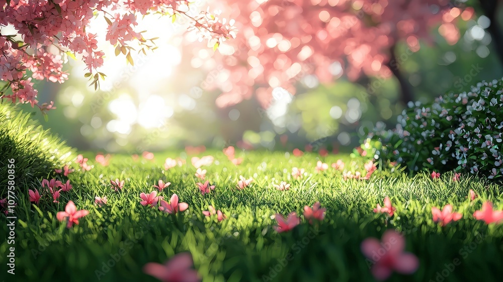 A serene landscape featuring blooming flowers and lush greenery under soft sunlight. A serene landscape featuring blooming flowers and lush greenery under soft sunlight.
