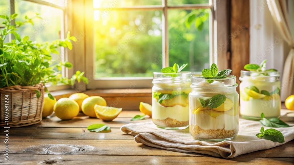 Refreshing Lemon Desserts in Glass Jars on Rustic Wooden Table with Mint Garnish and Sunlight Streaming Through Window Refreshing Lemon Desserts in Glass Jars on Rustic Wooden Table with Mint Garnish and Sunlight Streaming Through Window