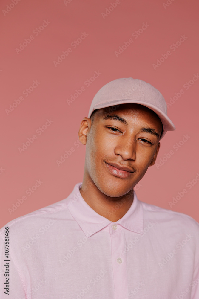 Man wearing pink shirt and cap smiling on pink background Man wearing pink shirt and cap smiling on pink background