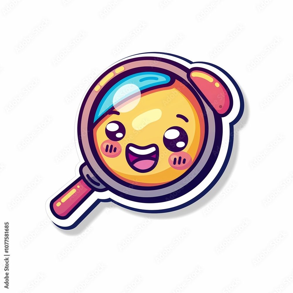 Cute Kawaii Style Cartoon Magnifying Glass Sticker on White Background Cute Kawaii Style Cartoon Magnifying Glass Sticker on White Background