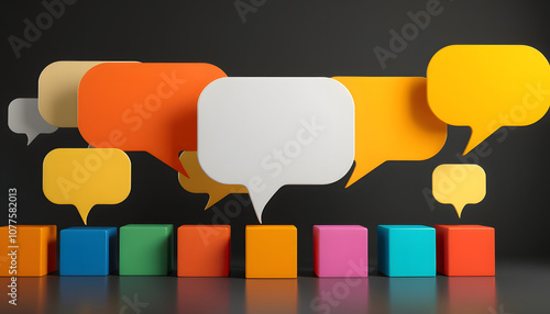 Speech bubbles and colorful cubes. Inclusive language concept isolated with white highlights, png photo