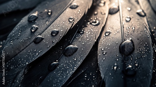 Close-up of dark feathers with water droplets, showcasing texture and detail. photo