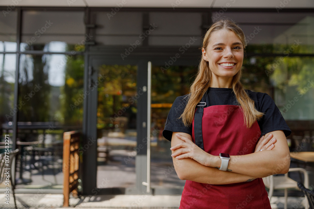 A cheerful barista ready to serve customers outside a modern caf A cheerful barista ready to serve customers outside a modern caf