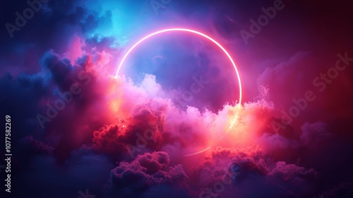 Abstract 3D Render Colorful Neon Ring Glowing Stormy Cloud Dark Sky Ultraviolet Background