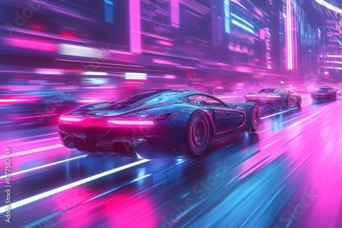 Futuristic sports car driving through a neon-lit city at night.