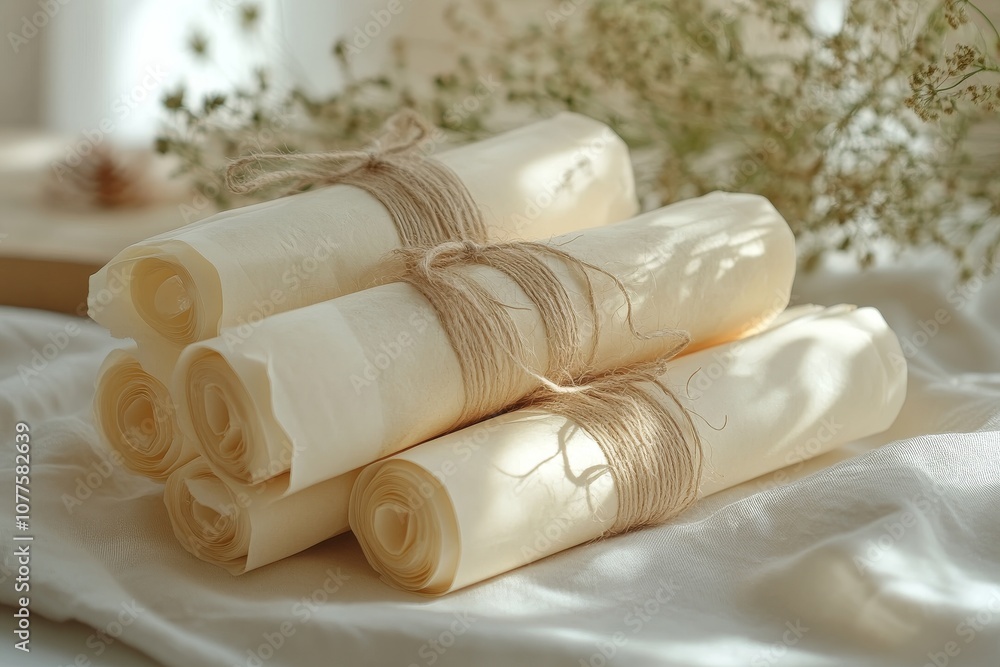 Rolled linen fabric with rustic twine and ribbon for nature-inspired decor Rolled linen fabric with rustic twine and ribbon for nature-inspired decor
