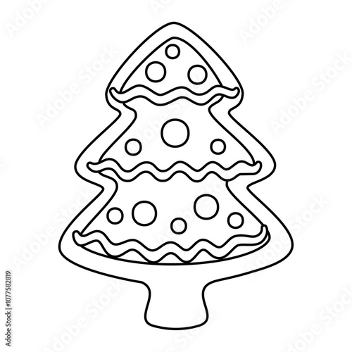 Gingerbread Christmas tree doodle style. Hand drawn black and white isolated holiday baking. Coloring page art therapy, line art Christmas sweet. Vector illustration