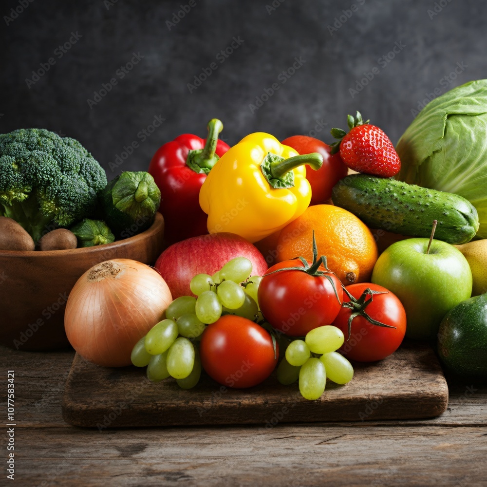 Fresh fruits and vegetables arranged on a rustic wooden table Fresh fruits and vegetables arranged on a rustic wooden table