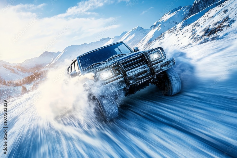 © Daria - Dynamic off road vehicle navigates snowy mountains on a sunny day in striking blue and white colors