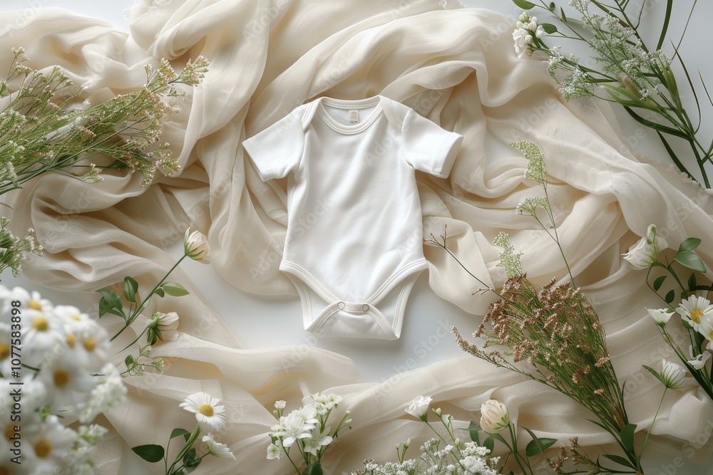 White Baby Bodysuit on Soft Fabric with Boho Pampas Grass and Wild Flowers Natural Light White Baby Bodysuit on Soft Fabric with Boho Pampas Grass and Wild Flowers Natural Light