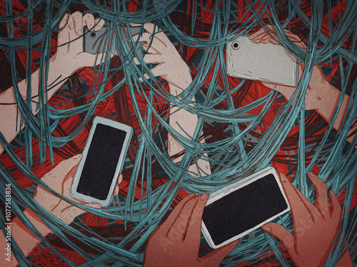 Human hands hold smartphones among the wires photo