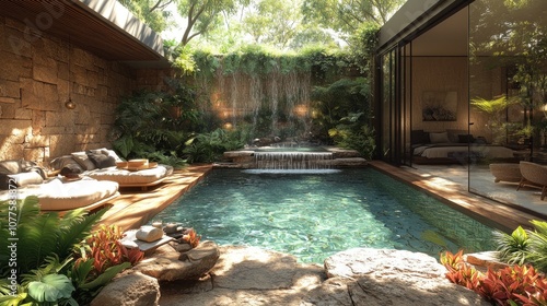 Serene indoor pool surrounded by lush greenery and natural light.
