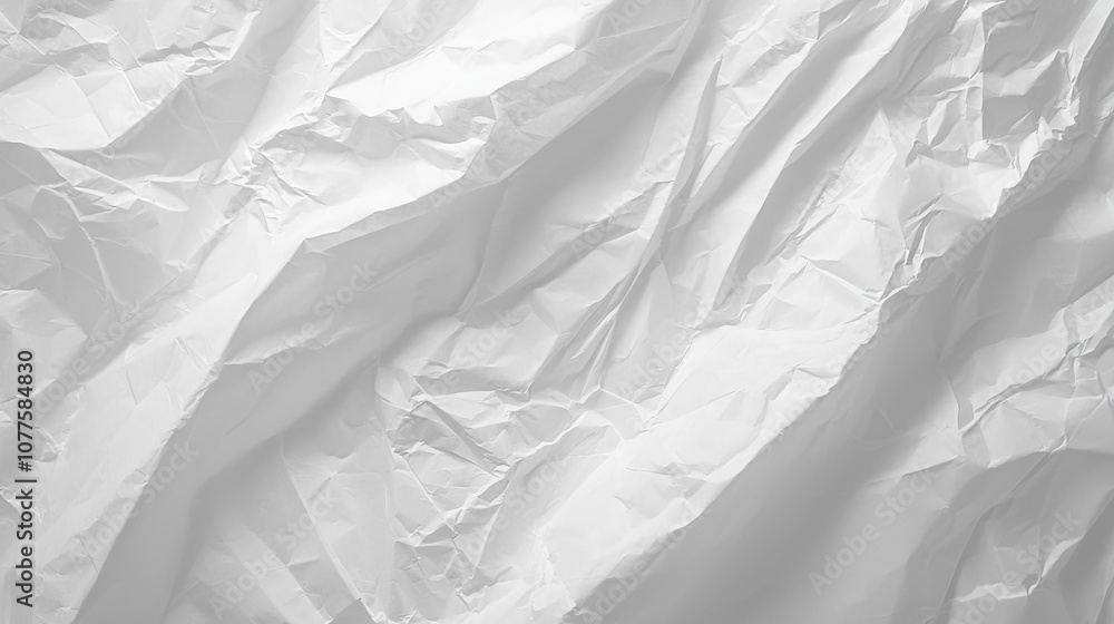 Fototapeta premium Crumpled white paper texture with soft shadows and highlights, creating dynamic visual effect. Ideal for backgrounds or artistic projects