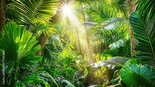 Lush tropical jungle with sunlight filtering through dense foliage, creating serene and vibrant atmosphere