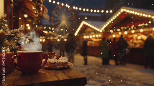 Steaming mug and christmas cakes at a festive christmas market
