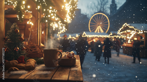 Steaming mug and christmas candy at a festive christmas market