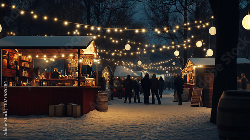 People visiting illuminated christmas market stalls at night during winter