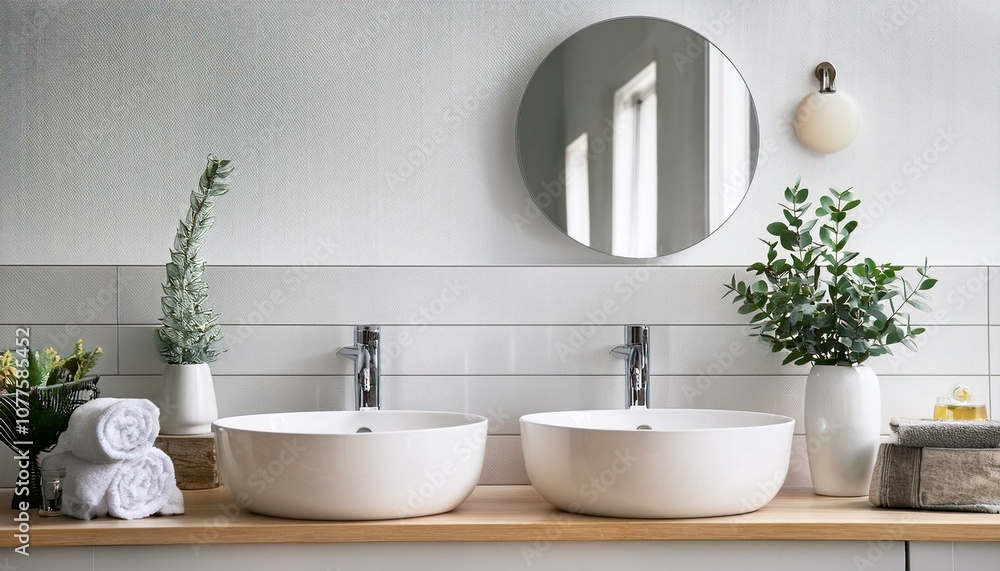 Stylish white home bathroom interior with two sinks and accessories Stylish white home bathroom interior with two sinks and accessories