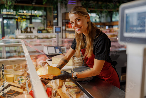 A friendly employee is at a cheese shop, actively showcasing a wide range of delicious cheese varieties on display photo