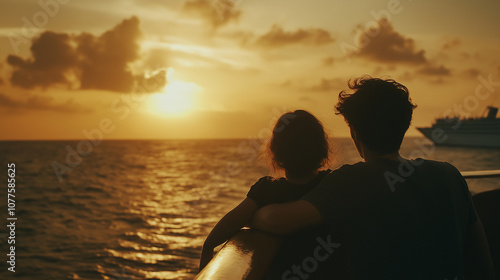Couple watching golden sunset over calm ocean from cruise ship deck
