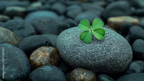 Wallpaper Mural Macro photograph of a green clover leaf resting on a round rock amidst dark stones in toned colors Torontodigital.ca