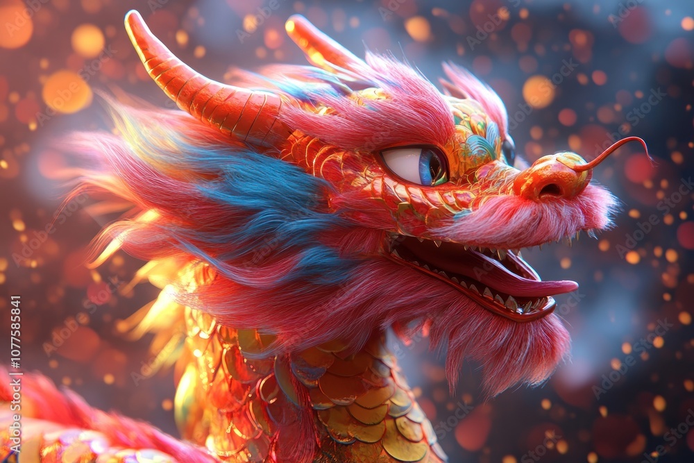 A close-up of a vibrant Chinese dragon with golden scales and pink fur, against a sparkling backdrop. A close-up of a vibrant Chinese dragon with golden scales and pink fur, against a sparkling backdrop.