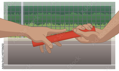 relay race, close-up of hands passing the baton with an outdoor track in the background