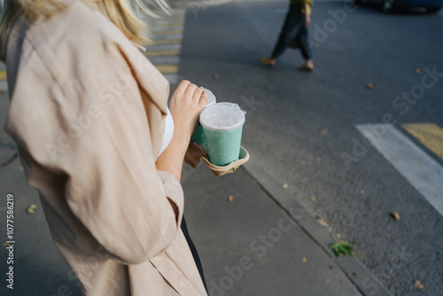 Unrecognizable person holding coffee cups on street photo