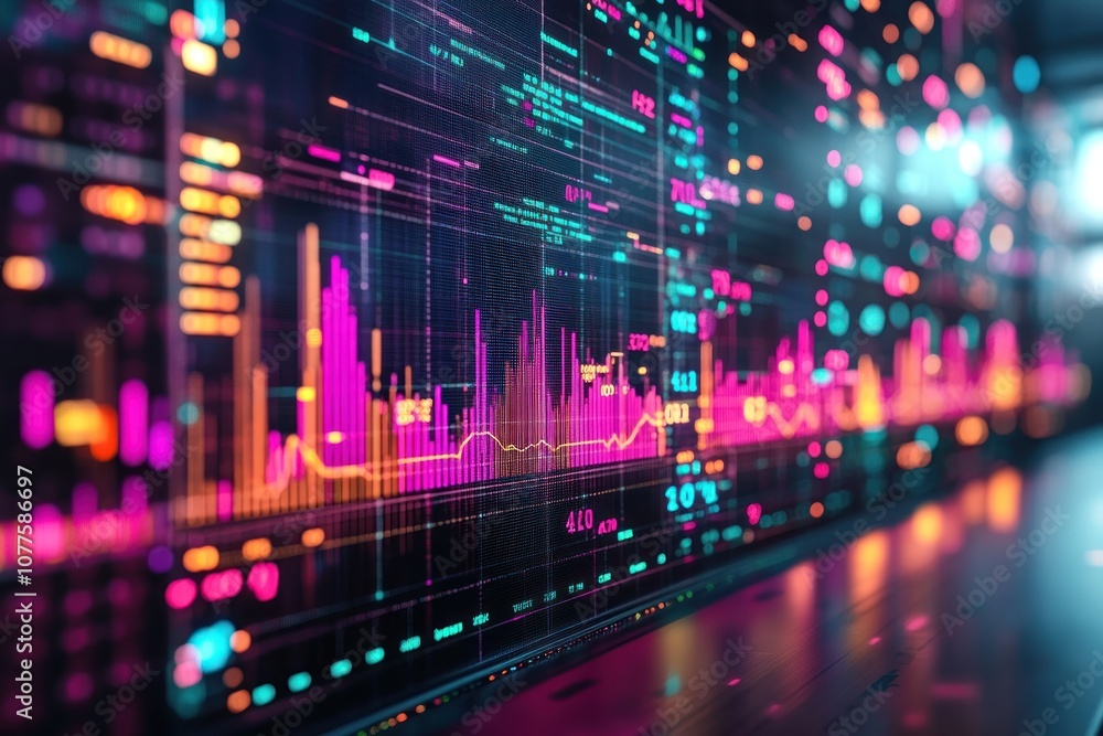 A close-up shot of a large monitor displaying a digital chart with various data points, lines, and graphs in neon colours. A close-up shot of a large monitor displaying a digital chart with various data points, lines, and graphs in neon colours.